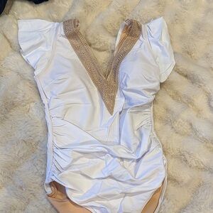 Elegant White and Tan Women's One Piece Swimsuit